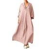 Autumn Spring Women Maxi Dress A-line Loose Hem Long Sleeves V Neck Pleated with Side Pockets Pullover Pure Color Daily Wear DressHandbags