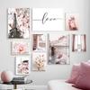 Fashion Pink Flower Paris Eiffel Tower Poster Sexy Woman Decorative Paintings Canvas Wall Art Pictures Elegant Room Home Decor