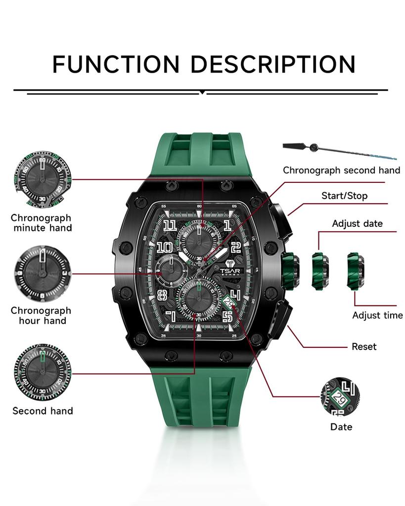 Часы TSAR BOMBA 50M Водонепроницаемые часы Простые и классические часы с циферблатом Tonneau Роскошный силиконовый ремешок из сапфирового стекла и корпус с японским механизмом для мужчин