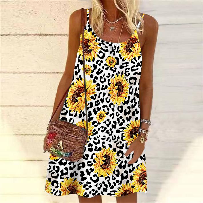 Женское мини-платье с цветочным леопардовым принтом, вечернее платье без рукавов, летнее пляжное платье, сарафан
