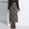 Korean Chic Autumn Winter Women Midi Woolen Skirt High Waist Gray Brown A-Line Skirt Wool Plaid Split Warm Skirt With Belt