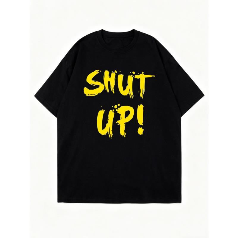 Oversized T-Shirt Black Shut Up Text Print Casual Streetwear Fashion Top For Women And Girls Summer Outfit Statement Tee