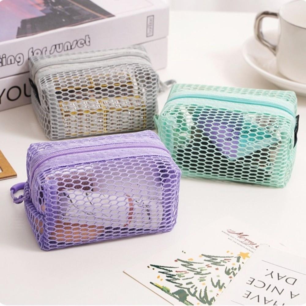 Large Capacity Lipstick Key Storage Pouch Mesh Zipper Coin Purse Portable Cosmetic Bag