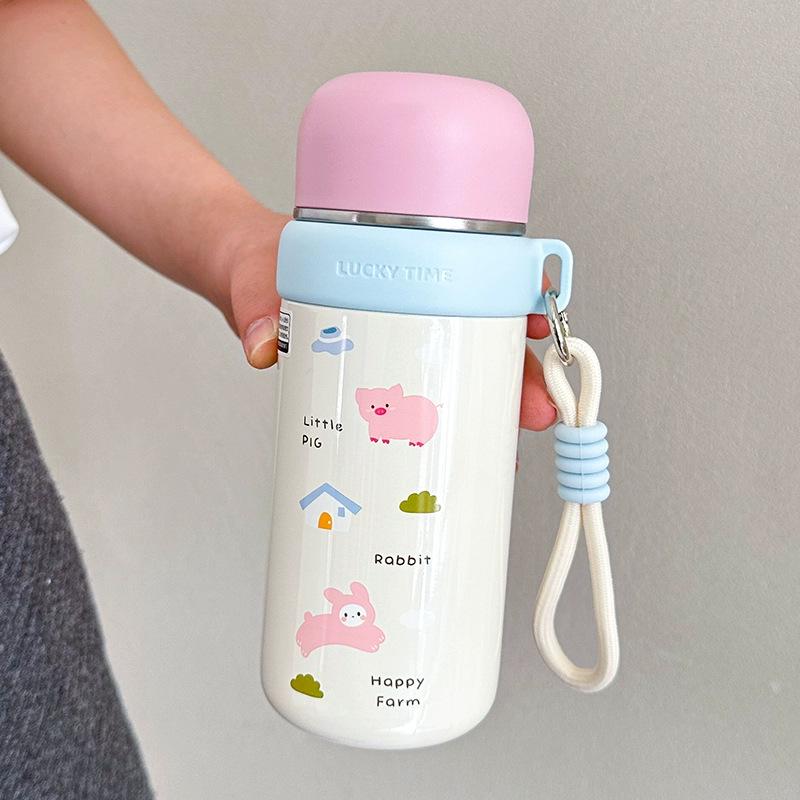 Dual-Use Cartoon Thermos Cup with Cute Rope - Stainless Steel Portable Water Bottle for Girls