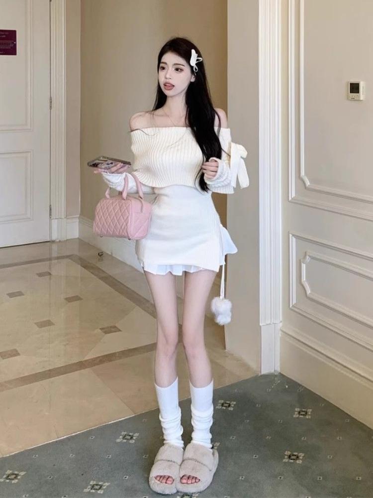 Сплошной свитер с открытыми плечами и милым бантом для женщин, трикотажные тонкие элегантные топы Y2k, женские корейские модные повседневные пуловеры 2024