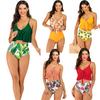 Women Padded Ruffled Hem Bra High Waist Floral Print Briefs Bikini Swimsuit