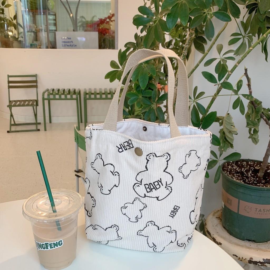 Винтажная вельветовая сумка-тоут для ланча с изображением медвежонка, портативная, большой вместимости, сумка для хранения