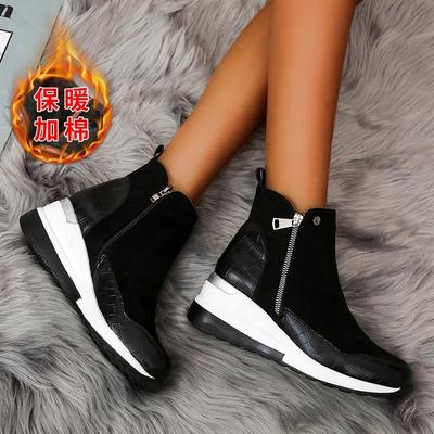 Модные женские зимние ботинки на танкетке, модные осенне-зимние теплые плюшевые однотонные платформы на молнии, корейские повседневные короткие ботильоны, обувь из хлопка