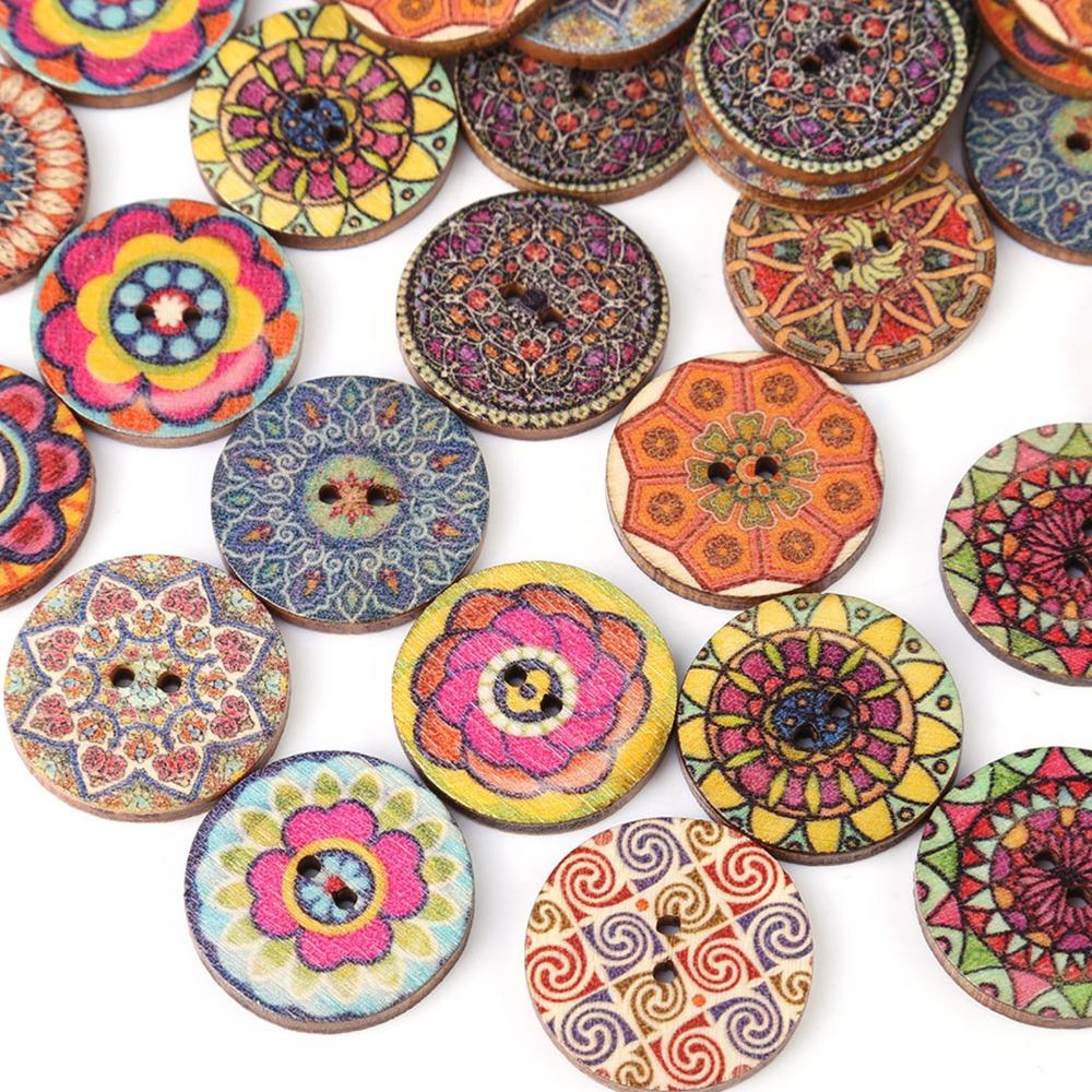 100pcs 2 Holes Vintage Wood Buttons 25mm Mixed Pattern Buttons Wood Buttons Sewing Crafts