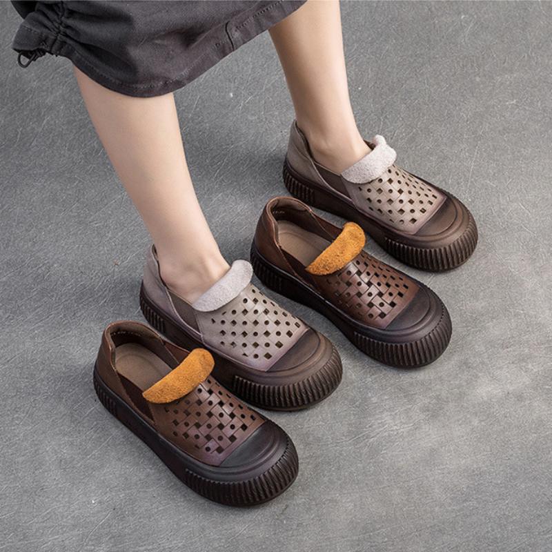 Johnature Простые дышащие туфли с отверстиями, женская обувь на плоской платформе из натуральной кожи в стиле ретро на толстой подошве