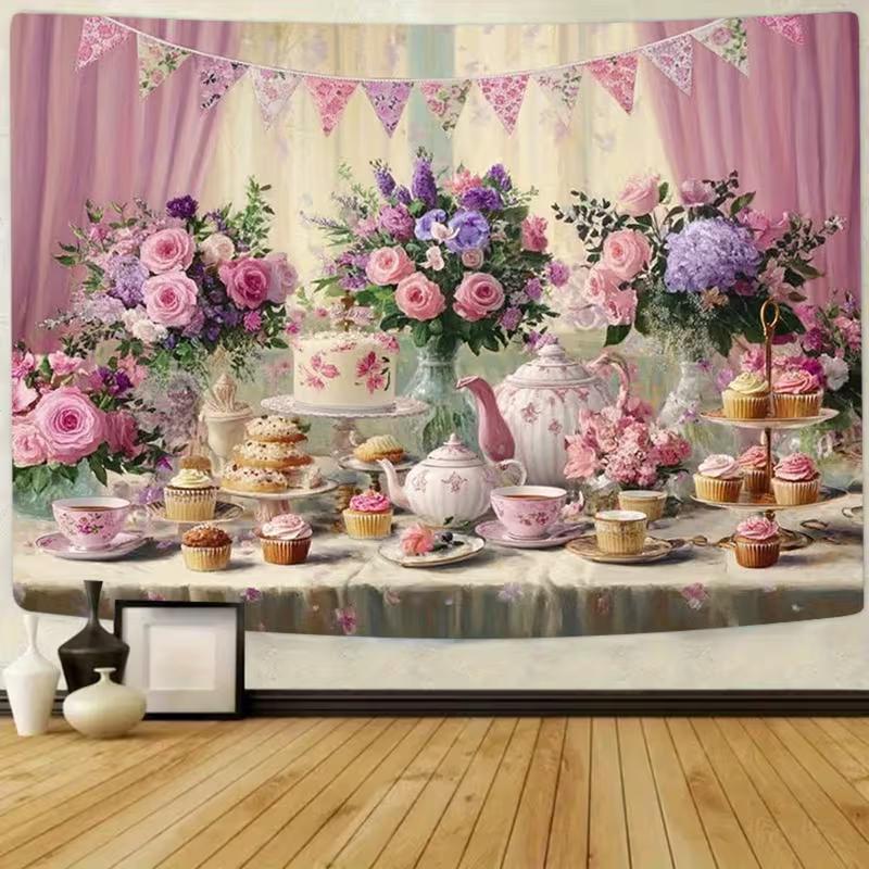 2D Elegant Tea Party Backdrop, Floral & Cupcake Garden Party Decoration