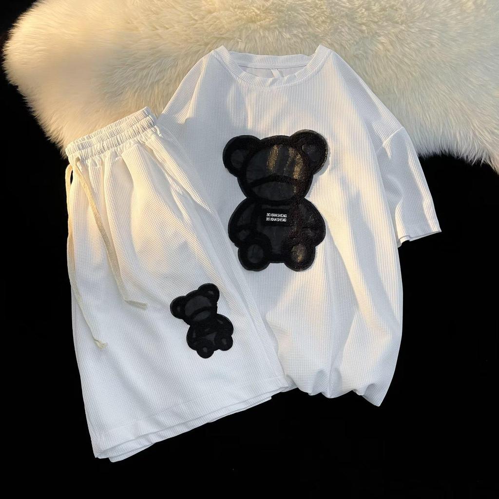 Мужской летний комплект из шорт с короткими рукавами и принтом медведя