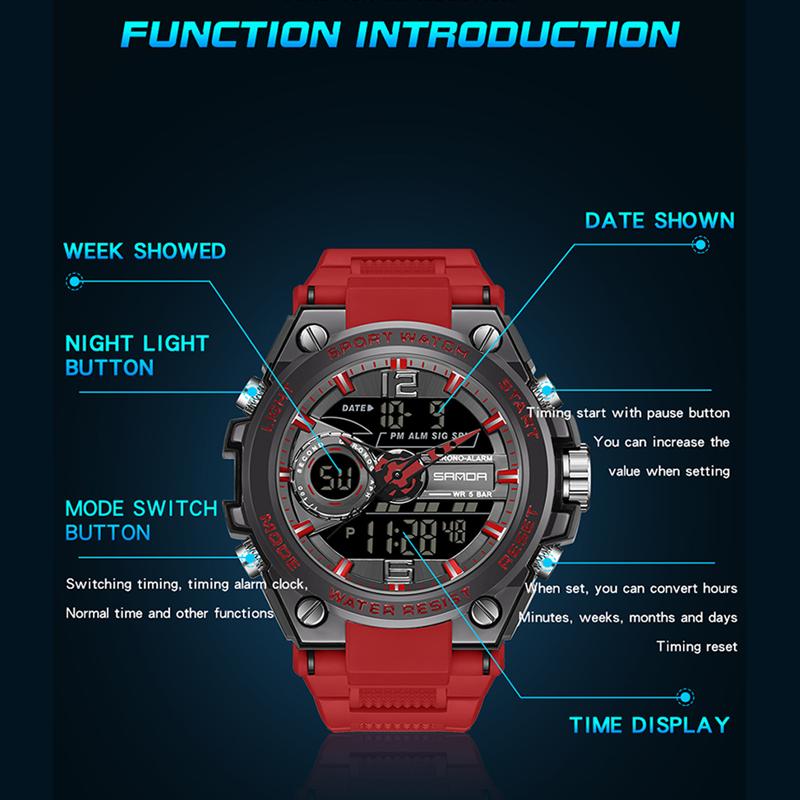 Новые модные мужские часы SANDA, спортивные ночные водонепроницаемые электронные часы, молодежные часы