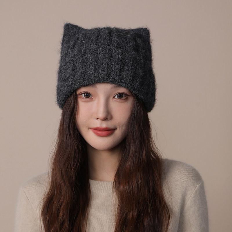 Cat ears cute wool hat women's autumn and winter thickened bag head ear protection cold hat big head circumference plush warm knitted hat