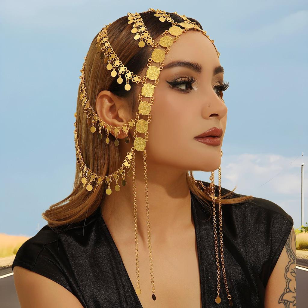 Middle Eastern Style Golden Headpiece With Tassels And Coin For Womens Winter Travel