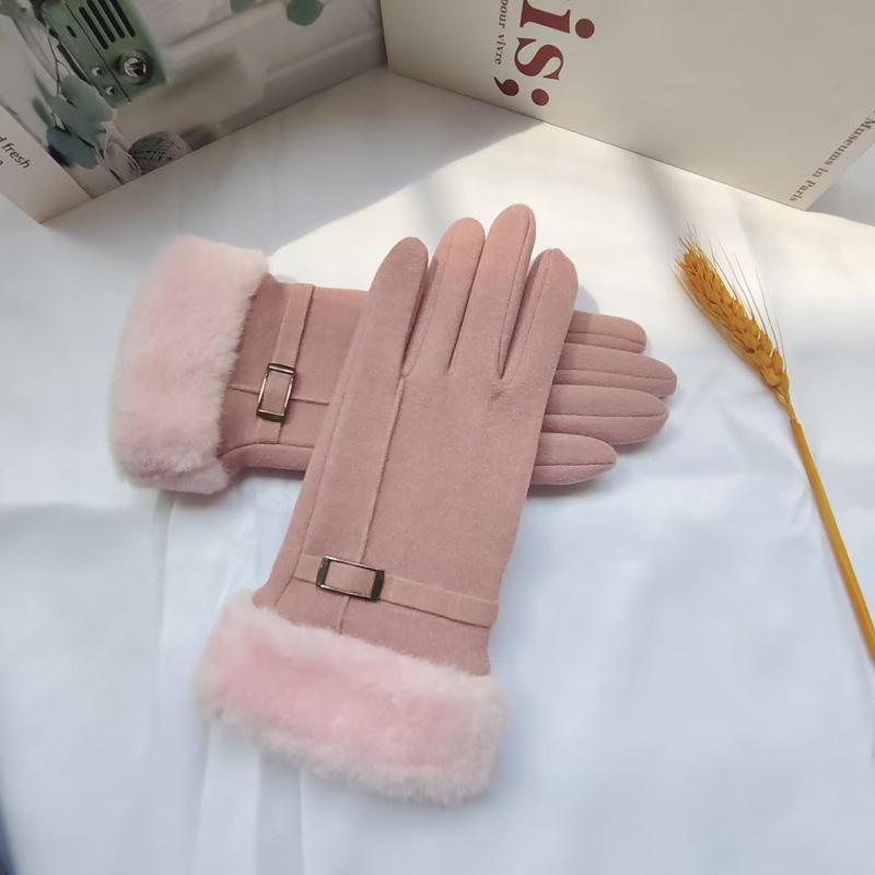Осенне-зимние теплые замшевые перчатки с бархатными утолщенными плюшевыми декоративными манжетами, уличные перчатки для катания на лыжах с сенсорным экраном и защитой от холода