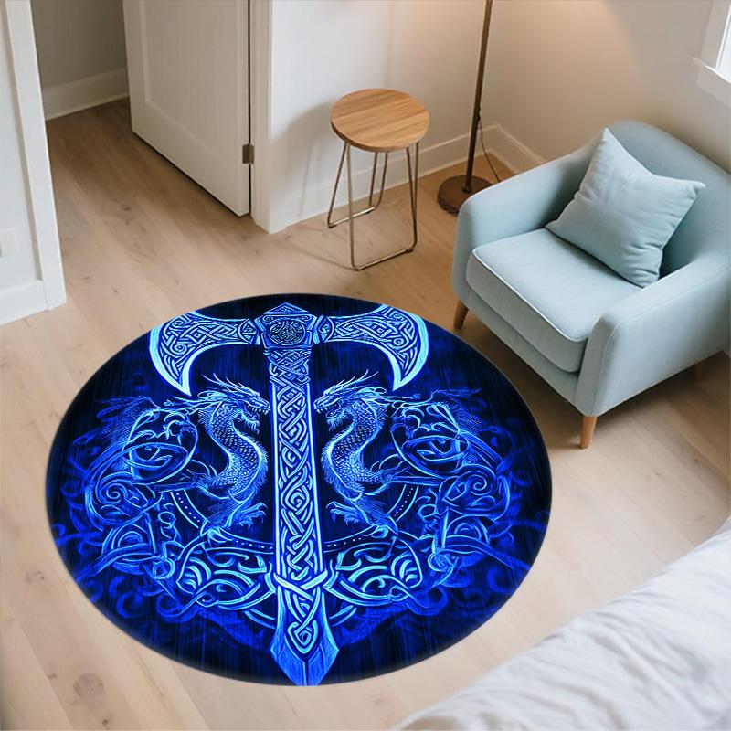 Viking Battle Axe,Round Area Rug,Carpet Rug for Living Room Bedroom Sofa Playroom Decor,Non-slip Floor Mat