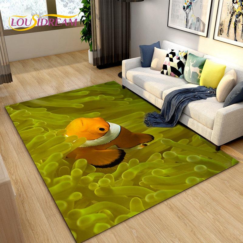 Подводный мир Морское дно Рыба Дельфин Коврик Большой, Коврик для гостиной Спальня Диван Коврик Кухня, Нескользящий напольный коврик