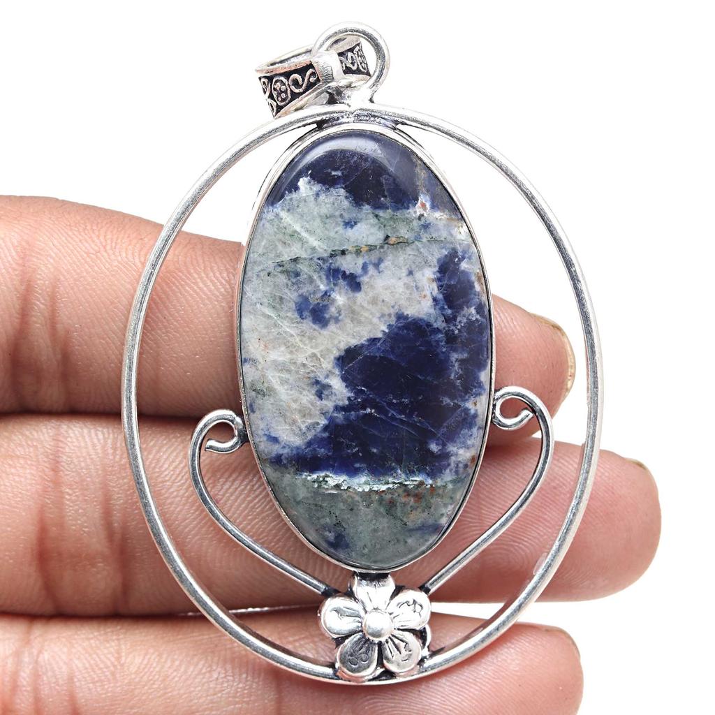 Pendant Sodalite Gemstone Handmade Gift For Her Ethnic Silver Jewelry 2.75"