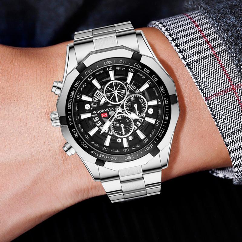 VA VA VOOM Кварцевые часы 3ATM, водонепроницаемый ремень из нержавеющей стали, три глаза, шестиконтактный светящийся календарь, спортивные, модные, деловые, кварцевые часы
