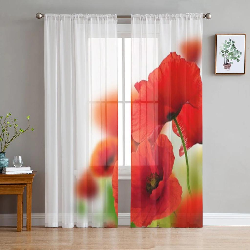Poppies White Background Tulle Curtain For Living Room Sheer Valance Curtain For Kitchen Bedroom Window Drapes