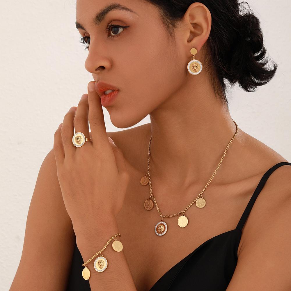 Trendy Hip-Hop Personality Round Lion Head Accessories Diamond Necklace Jewelry Women Set Joyera De Acero Inoxidable