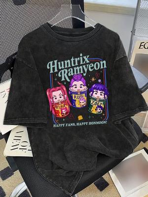 Женская футболка в стиле ретро K-pop с графикой Huntrix Ramyeon, с персонажами в стиле аниме, черная повседневная футболка с круглым вырезом для ежедневной носки
