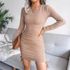 Осень Зима Платье до бедер с длинным рукавом Однотонное с круглым вырезом Кулиска Вязаный в рубчик Пакет
