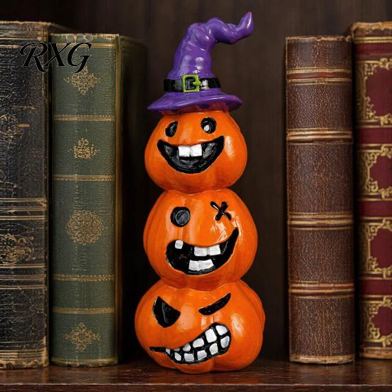 Durable Resin Pumpkin Art Halloween Statue, Spooky Face Figurine for Holiday Seasonal Home Decor Indoor Tabletop, Tiered Tray, Party, Funny Cartoon