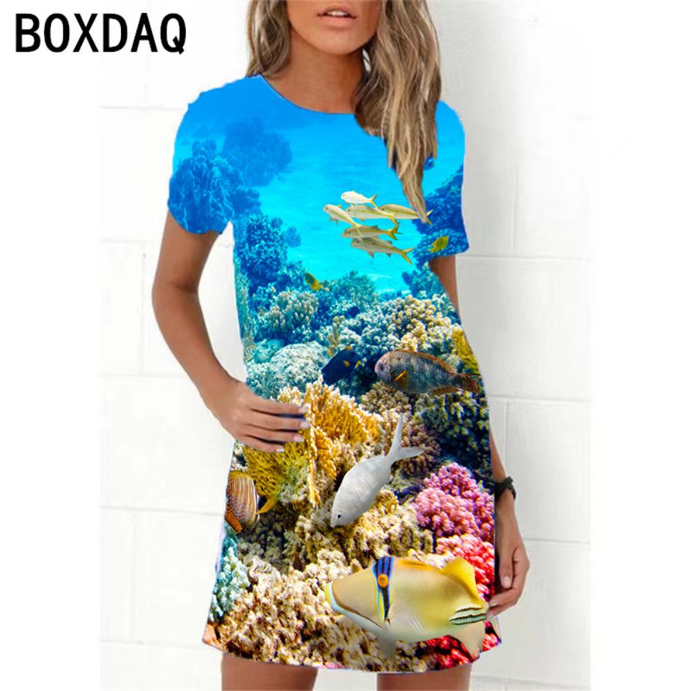 Ocean World 3D Print Dress Women New 2026 Summer Short Sleeve Cartoon Fish A-Line Dress Oversized Loose Casual Ladies Dress