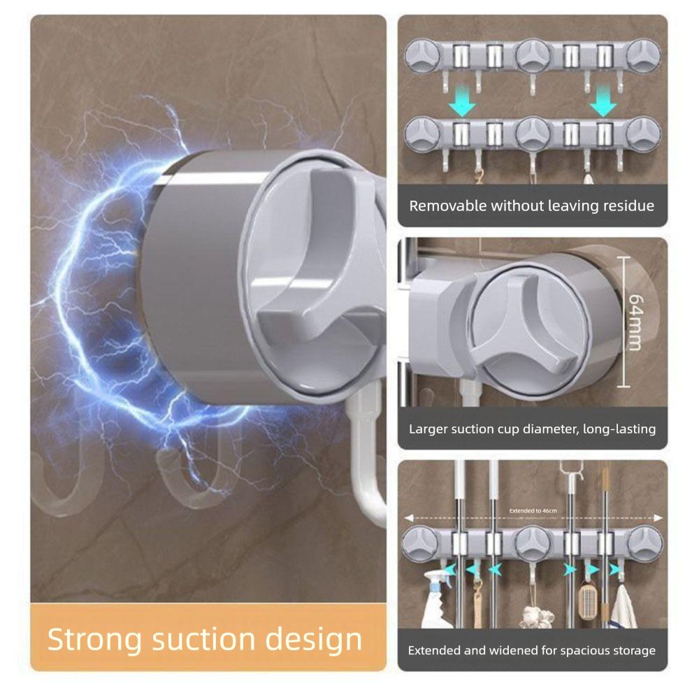 5 Hooks Wall-Mounted Mop Clip 4 Position Bathroom Broom Hanger Suction Cup Mop Holder Laundry Room