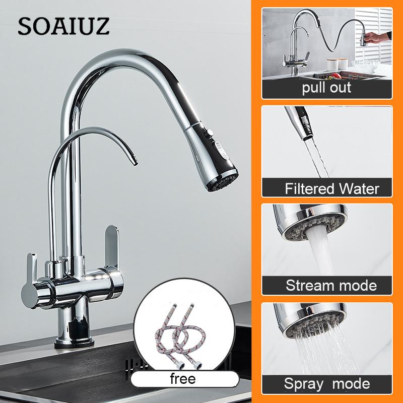 Матово-черный фильтр для чистой воды, кухонный кран с двумя ручками, для горячей и холодной питьевой воды, выдвижные кухонные смесители