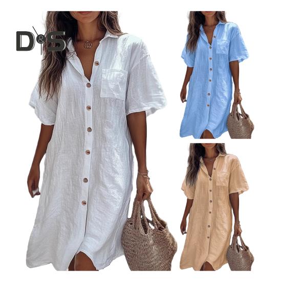 Women Shirt Lapel Short Sleeve Casual Commuter Style Shirt Solid Color Loose Fit Buttons Placket Work Shirt