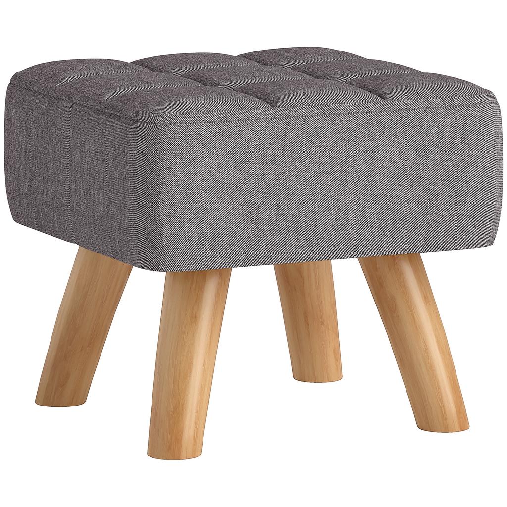 Ottoman Footstool, Upholstered Fabric Seat, Wooden Legs, 27 x 27 x 26 cm, Grey