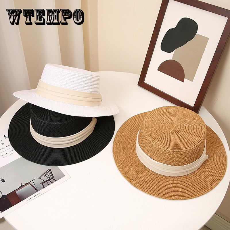 Элегантная соломенная шляпа от солнца во французском стиле, однотонная, с плоским верхом, для летнего пляжа, незаменимая вещь для женщин, идеально подходит для активного отдыха, садоводства и путешествий
