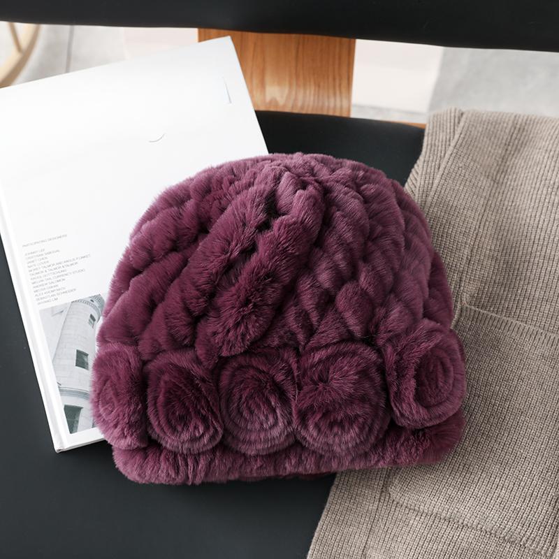 Winter Warm Scarf Hat Two-piece Set, Middle-aged and Elderly Temperament Rex Rabbit Fur Hat, Mother Flower Scarf