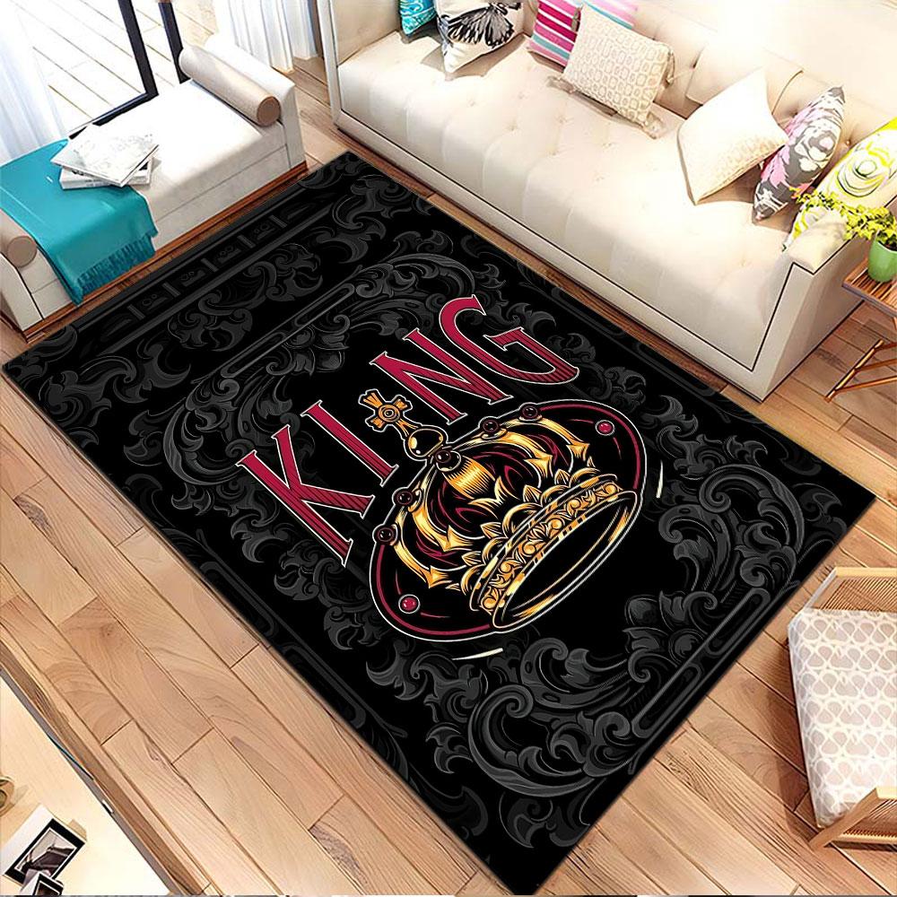 Regal Crown on Black Background Patterned carpet, non slip mat suitable for living room and bedroom sofas