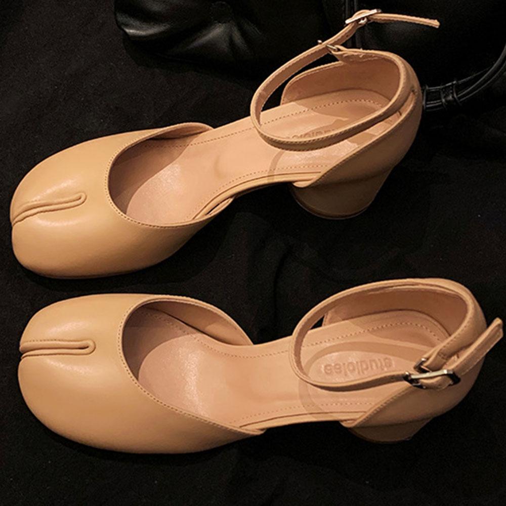 Туфли Мэри Джейн с раздельным носком для женщин Туфли-таби на квадратном каблуке Лоферы Весна-Лето Мягкие женские туфли-лодочки из кожи