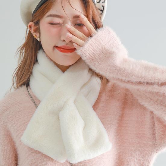 Women Winter Faux Rabbit Fur Cross Collar Solid Color Thickened Warm Scarf Plush Elegant Shawl Scarf Clothes Accessories