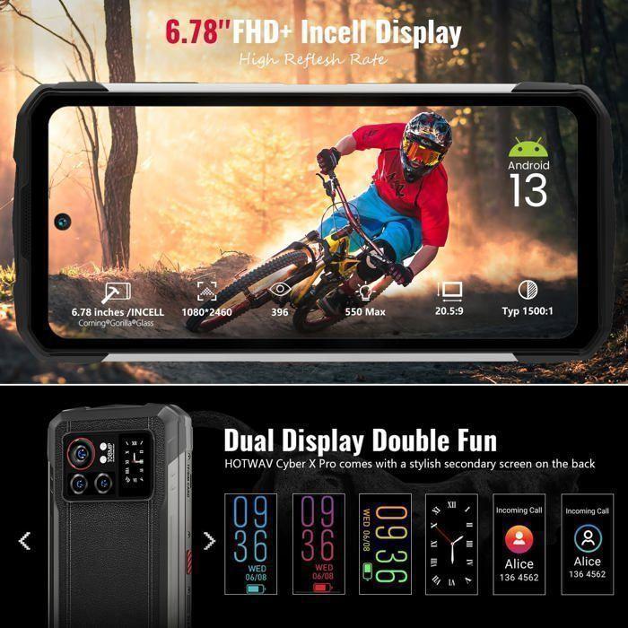 Smartphone Robuste HOTWAV Cyber X Pro 21Go+256Go Écran 6,78'' 10200mAh Téléphone Portable Incassable Android 13 108MP Dural SIM/NFC