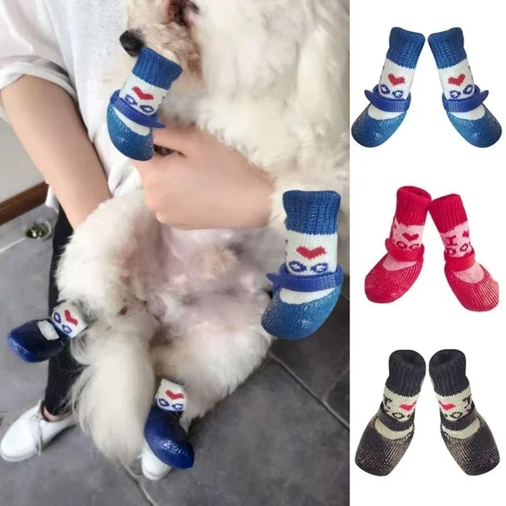 4 pieces/set Waterproof Pet Socks Booties Warm Soft Sole Dog Socks Shoes Adjustable Wear Resistant Dog Knit Socks Walking