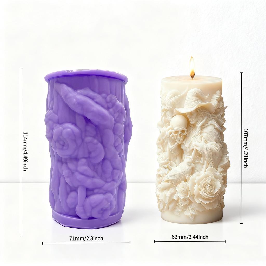 Форма для свечей с рельефом "Роза и Череп Волшебника" - Ароматическая свеча в темной тематике - Декор для дома, Демонстрирующий готическую эстетику