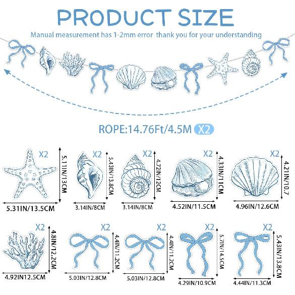 2 Pack Blue Bow Starfish and Seashell Garland 14.76 ft Summer Banner for Mermaid Birthday Wedding Bachelorette Baby Shower Ocean Coastal Nautical