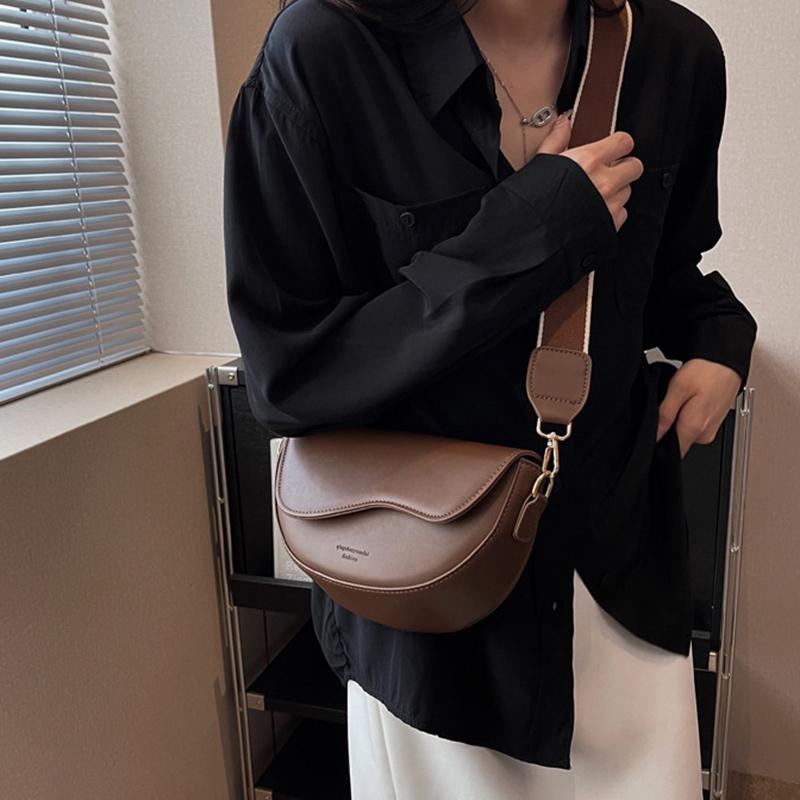 Women Vintage Solid Color Flap Small Saddle Shoulder Underarm Bag Fashion PU Leather Wide Strap Crossbody Bag
