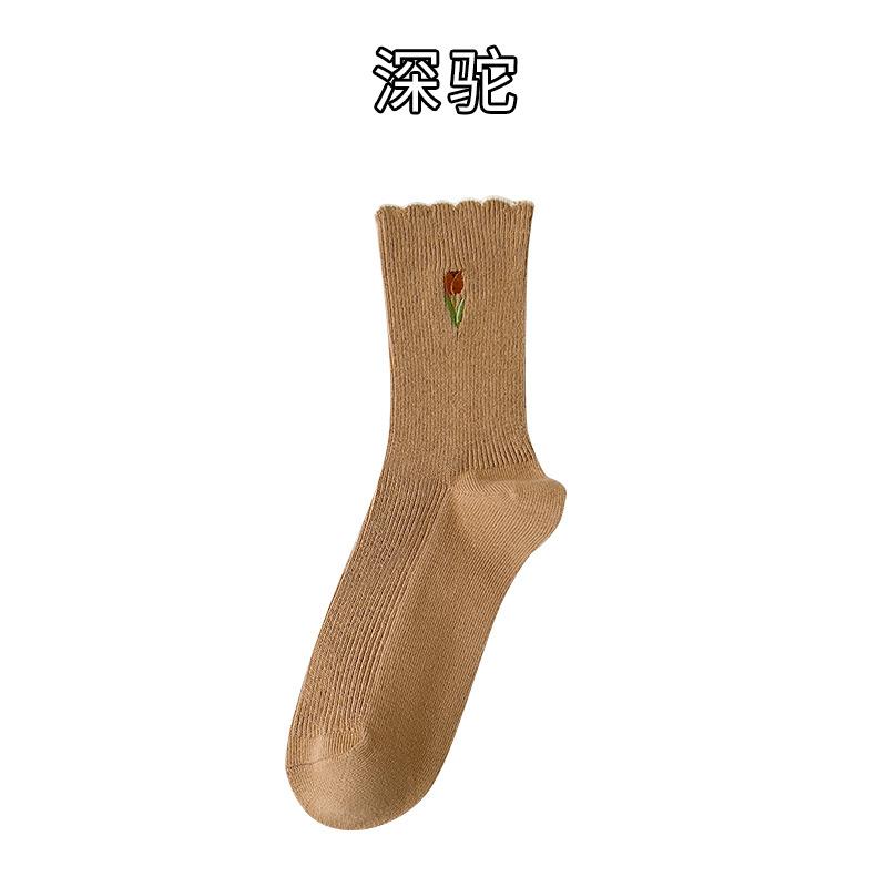 Socks, Women'S Double-Needle Cotton Socks, Medium Socks, Xiaohongshu Explosive Tulip Flower Socks, Embroidered Cotton Socks