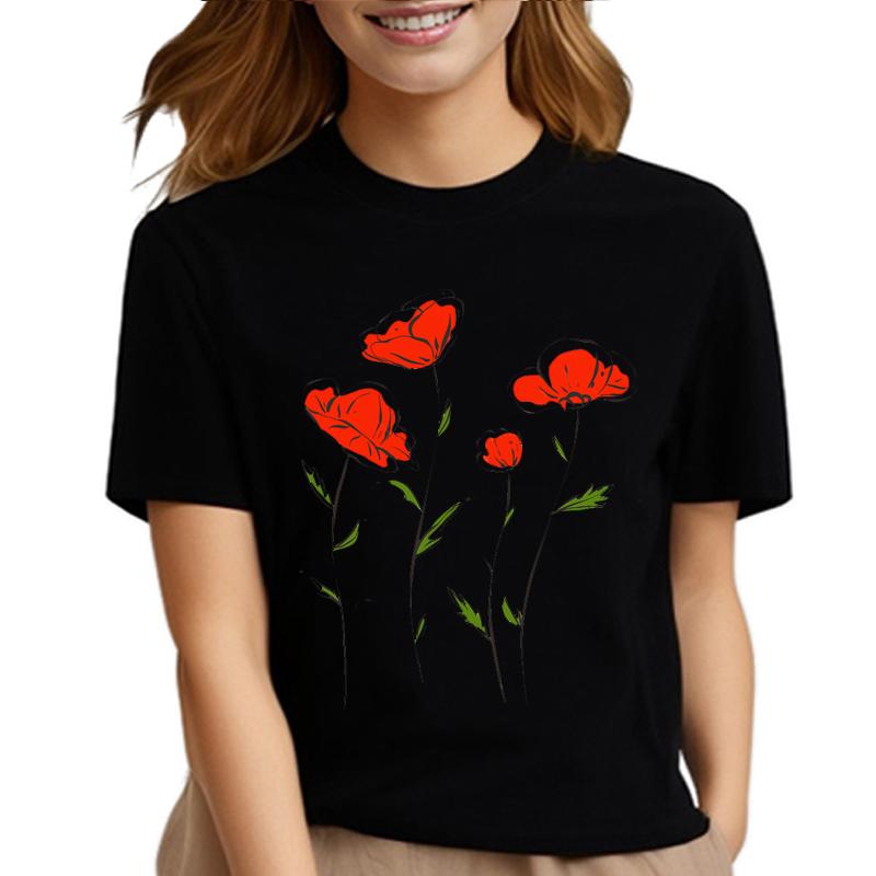 Модная красная футболка унисекс с принтом цветов и цветов, черная футболка с коротким рукавом, летняя футболка унисекс с принтом цветов в стиле Харадзюку для девочек