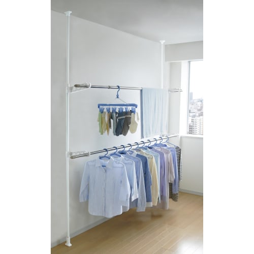 HEIAN SHINDO Indoor Clothes Drying Rack with Pole Holder, 2 Tiers, White, 10kg Load Capacity x 2, Height 175-275cm, TMH-62, Heian Shindo Kogyo