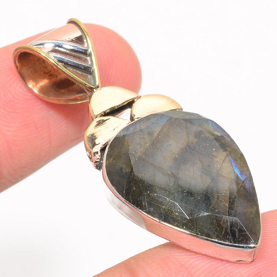 Natural Labradorite TwoTone 925 Solid Sterling Silver Jewelry Pendant 1.75" b9F76