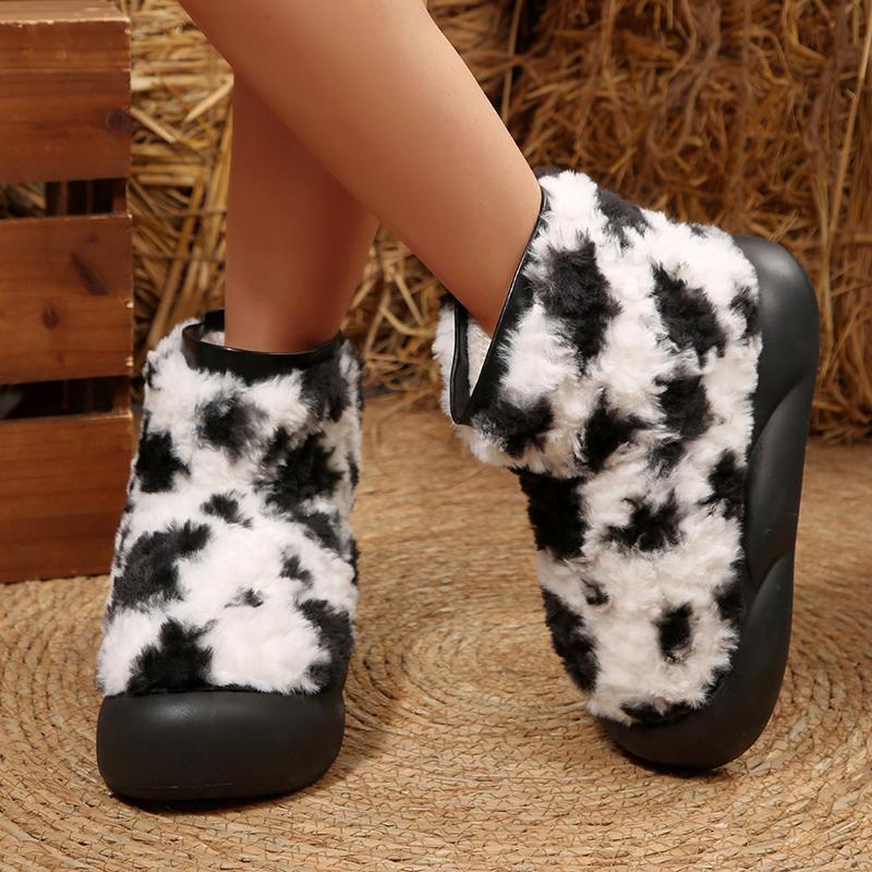 Fashion Thick Sole Fluffy Snow Boots Women Vintage Printed Thicken Plush Winter Ankle Boots Woman Non Slip Platform Cotton Padded Shoes