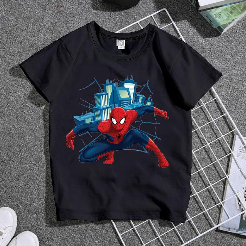 Summer Marvel Spider Unisex Cartoon Printed Tshirt Handsome Childrens Wear Pure Cotton Round Neck Personalized Parent Child Wear